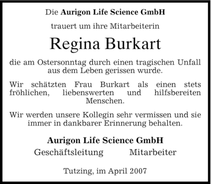  Traueranzeige für Regina Burkart vom 12.04.2007 aus MERKUR & TZ