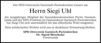 Traueranzeige von Siegi Uhl von MERKUR & TZ