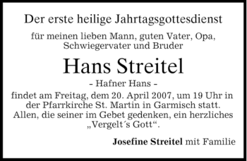 Traueranzeige von Hans Streitel von MERKUR & TZ
