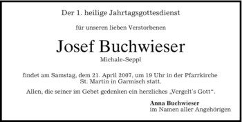 Traueranzeige von Josef Buchwieser von MERKUR & TZ
