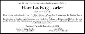 Traueranzeige von Ludwig Lörler von MERKUR & TZ