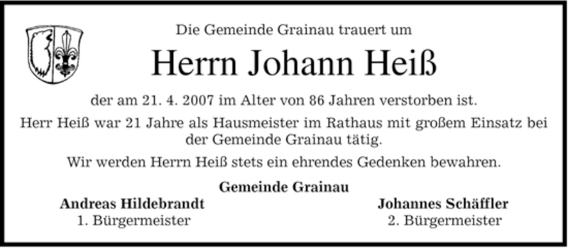  Traueranzeige für Johann Heiß vom 24.04.2007 aus MERKUR & TZ