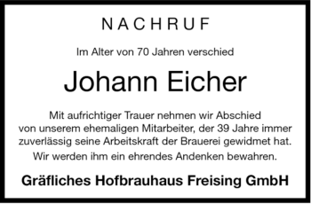 Traueranzeige von Johann Eicher von MERKUR & TZ