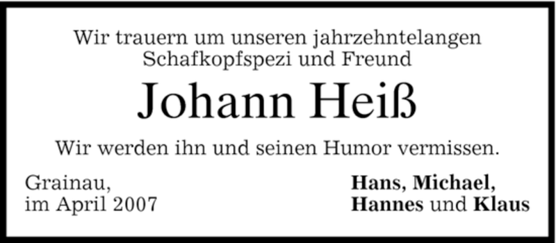  Traueranzeige für Johann Heiß vom 25.04.2007 aus MERKUR & TZ