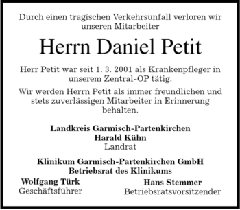 Traueranzeige von Daniel Petit von MERKUR & TZ
