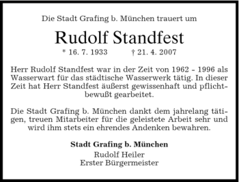 Traueranzeige von Rudolf Standfest von MERKUR & TZ