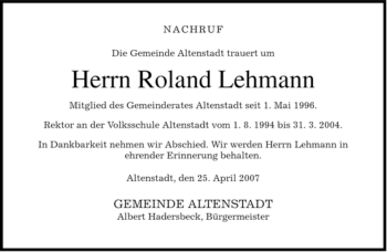 Traueranzeige von Roland Lehmann von MERKUR & TZ