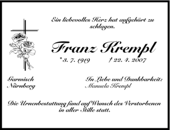 Traueranzeige von Franz Krempl von MERKUR & TZ