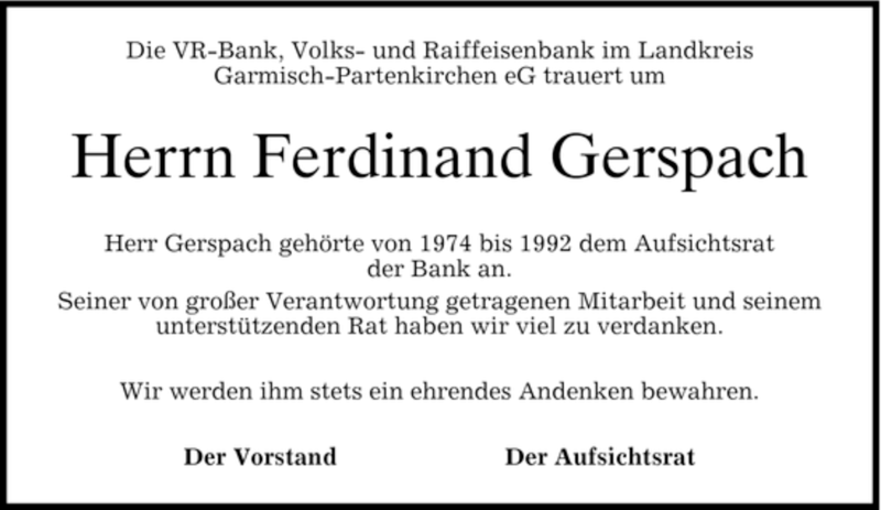  Traueranzeige für Ferdinand Gerspach vom 09.05.2007 aus MERKUR & TZ