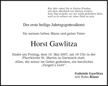 Traueranzeige von Horst Gawlitzka von MERKUR & TZ
