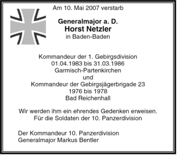 Traueranzeige von Horst Netzler von MERKUR & TZ