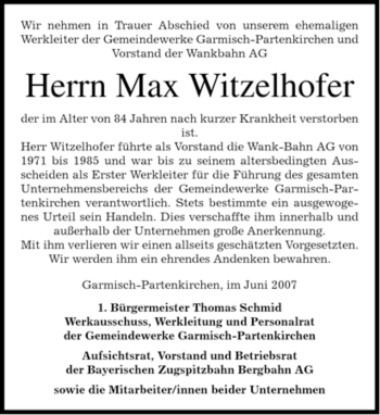 Traueranzeige von Max Witzelhofer von MERKUR & TZ