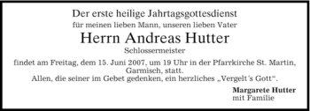 Traueranzeige von Andreas Hutter von MERKUR & TZ