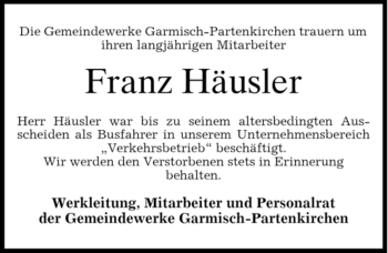 Traueranzeige von Franz Häusler von MERKUR & TZ