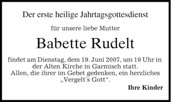 Traueranzeige von Babette Rudelt von MERKUR & TZ