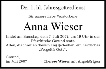 Traueranzeige von Anna Wieser von MERKUR & TZ