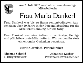 Traueranzeige von Maria Dankerl von MERKUR & TZ