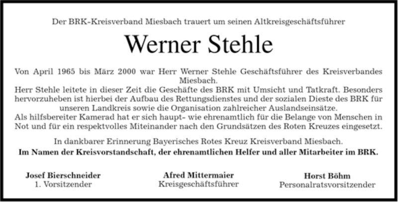 Traueranzeige für Werner Stehle vom 06.07.2007 aus MERKUR & TZ
