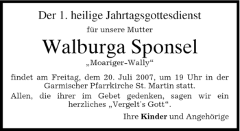 Traueranzeige von Walburga Sponsel von MERKUR & TZ