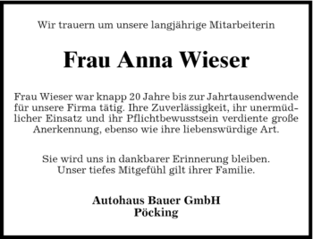 Traueranzeige von Anna Wieser von MERKUR & TZ