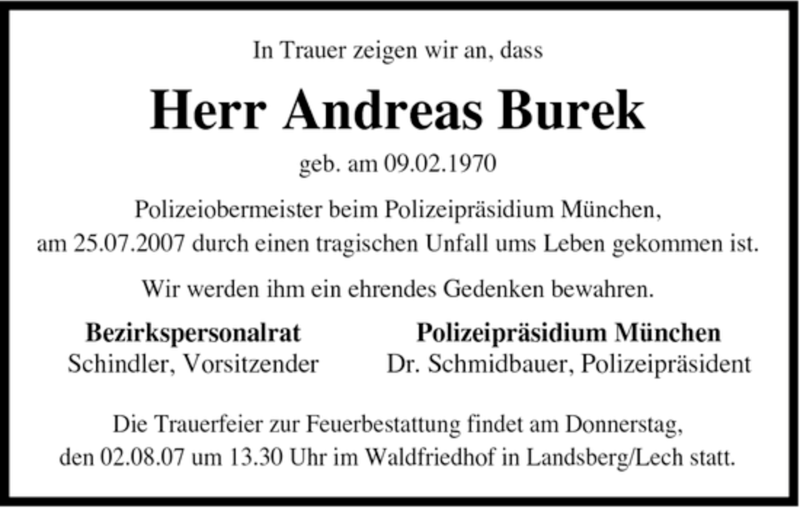  Traueranzeige für Andreas Burek vom 31.07.2007 aus MERKUR & TZ