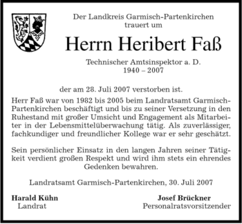 Traueranzeige von Heribert Faß von MERKUR & TZ