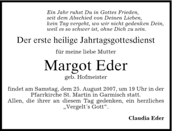 Traueranzeige von Margot Eder von MERKUR & TZ