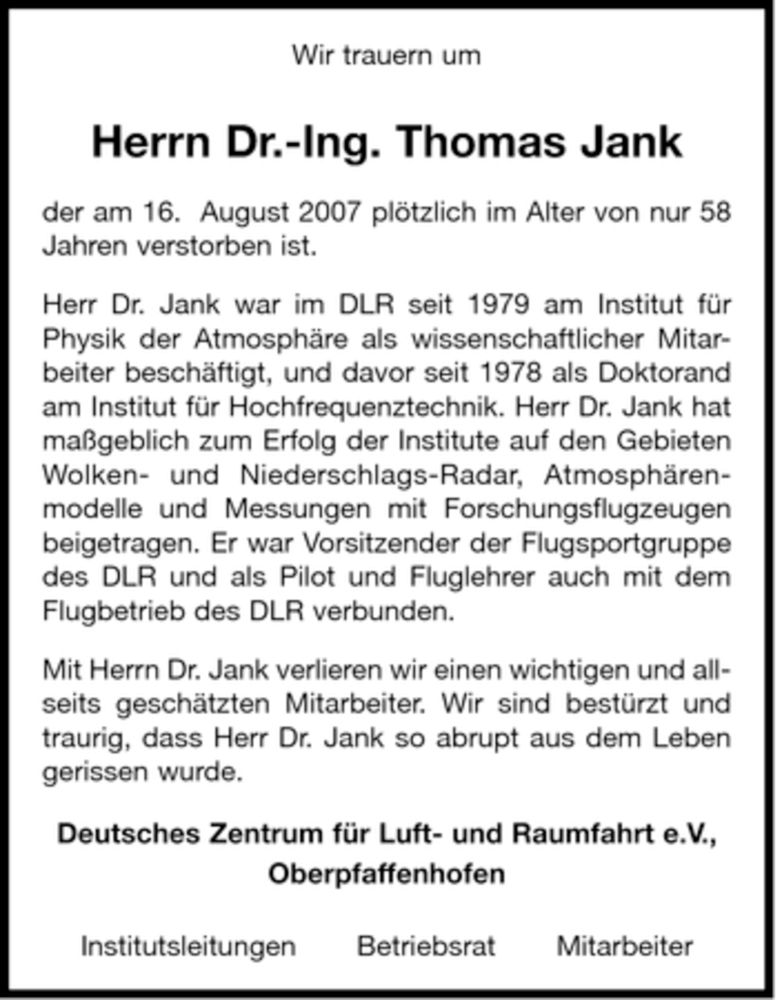  Traueranzeige für Thomas Jank vom 23.08.2007 aus MERKUR & TZ