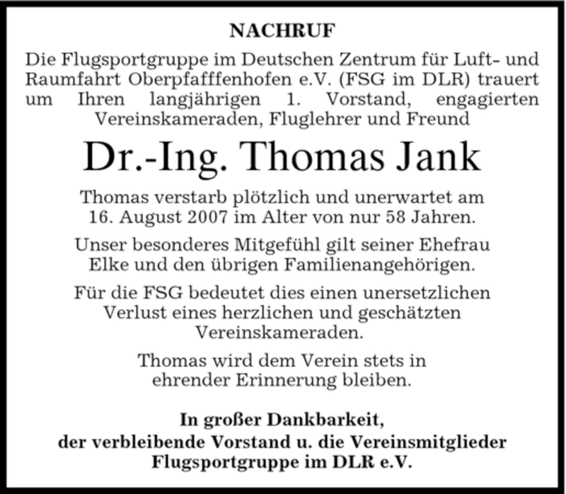 Traueranzeige für Thomas Jank vom 08.09.2007 aus MERKUR & TZ