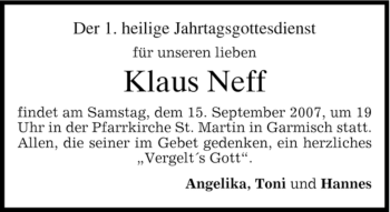 Traueranzeige von Klaus Neff von MERKUR & TZ