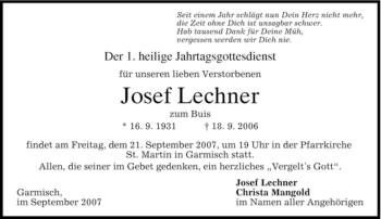 Traueranzeige von Josef Lechner von MERKUR & TZ