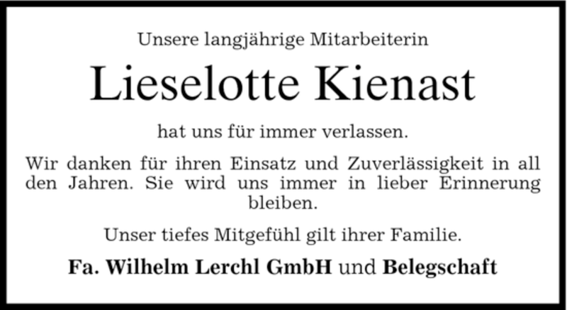  Traueranzeige für Lieselotte Kienast vom 19.09.2007 aus MERKUR & TZ