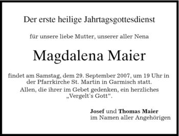 Traueranzeige von Magdalena Maier von MERKUR & TZ