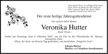 Traueranzeige von Veronika Hutter von MERKUR & TZ