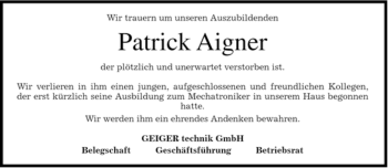 Traueranzeige von Patrick Aigner von MERKUR & TZ