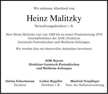 Traueranzeige von Heinz Malitzky von MERKUR & TZ