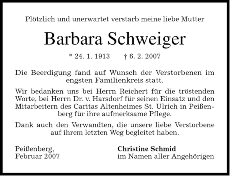  Traueranzeige für Barbara Schwieger vom 15.02.2007 aus MERKUR & TZ