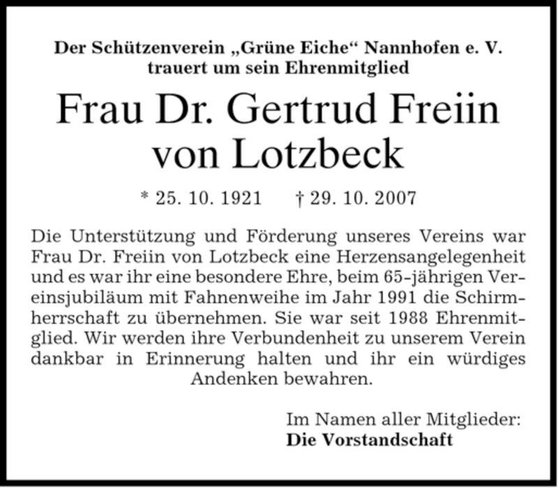  Traueranzeige für Gertrud Freiin von Lotzbeck vom 31.10.2007 aus MERKUR & TZ