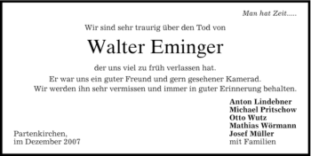 Traueranzeige von Walter Eminger von MERKUR & TZ