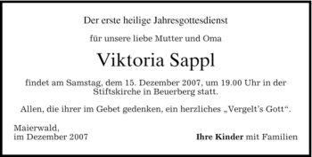 Traueranzeige von Viktoria Sappl von MERKUR & TZ