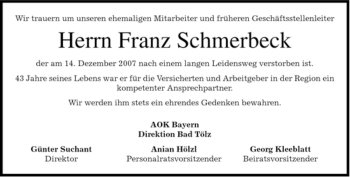 Traueranzeige von Franz Schmerbeck von MERKUR & TZ