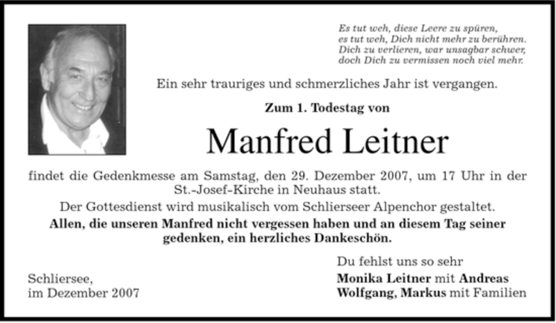  Traueranzeige für Manfred Leitner vom 27.12.2007 aus MERKUR & TZ
