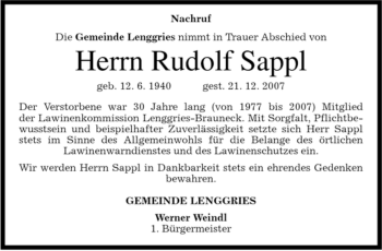 Traueranzeige von Rudolf Sappl von MERKUR & TZ