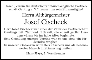 Traueranzeige von Josef Cischek von MERKUR & TZ