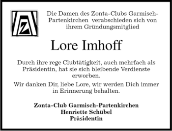 Traueranzeige von Lore Imhoff von MERKUR & TZ