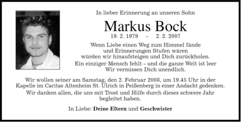  Traueranzeige für Markus Bock vom 31.01.2008 aus MERKUR & TZ