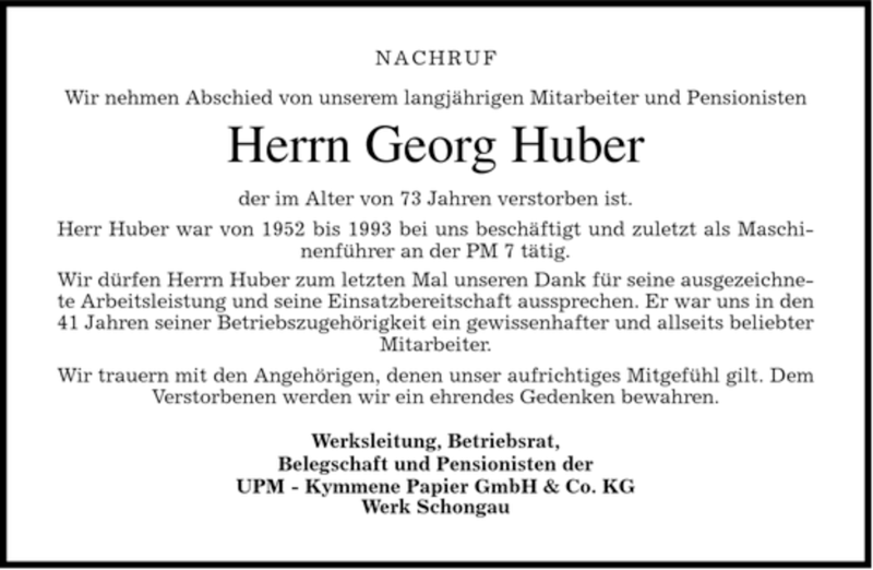  Traueranzeige für Georg Huber vom 05.02.2008 aus MERKUR & TZ