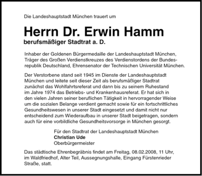  Traueranzeige für Erwin Hamm vom 06.02.2008 aus MERKUR & TZ