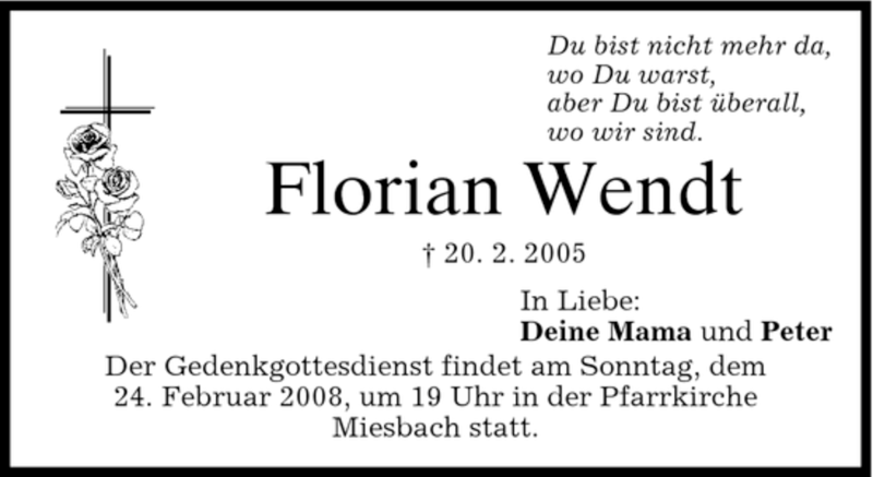  Traueranzeige für Florian Wendt vom 23.02.2008 aus MERKUR & TZ