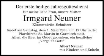 Traueranzeige von Irmgard Neuner von MERKUR & TZ